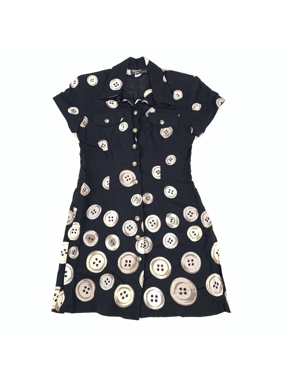 Vintage 80s Dawn Joy Fashions Button Down Print Collared Short Sleeve Dress 5/6 - Picture 1 of 7